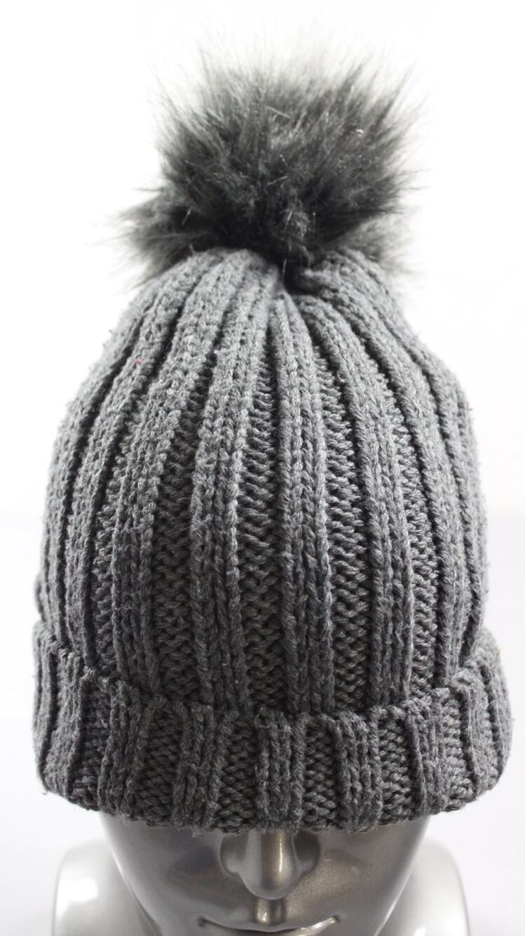 Time And Tru Ribbed Knit Pom Beanie Womens OS Gray Fold-over Cuff